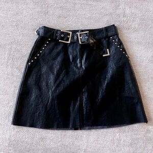 Zara Faux Leather Studded Embellished Belted Mini Skirt S Black Mob Wife